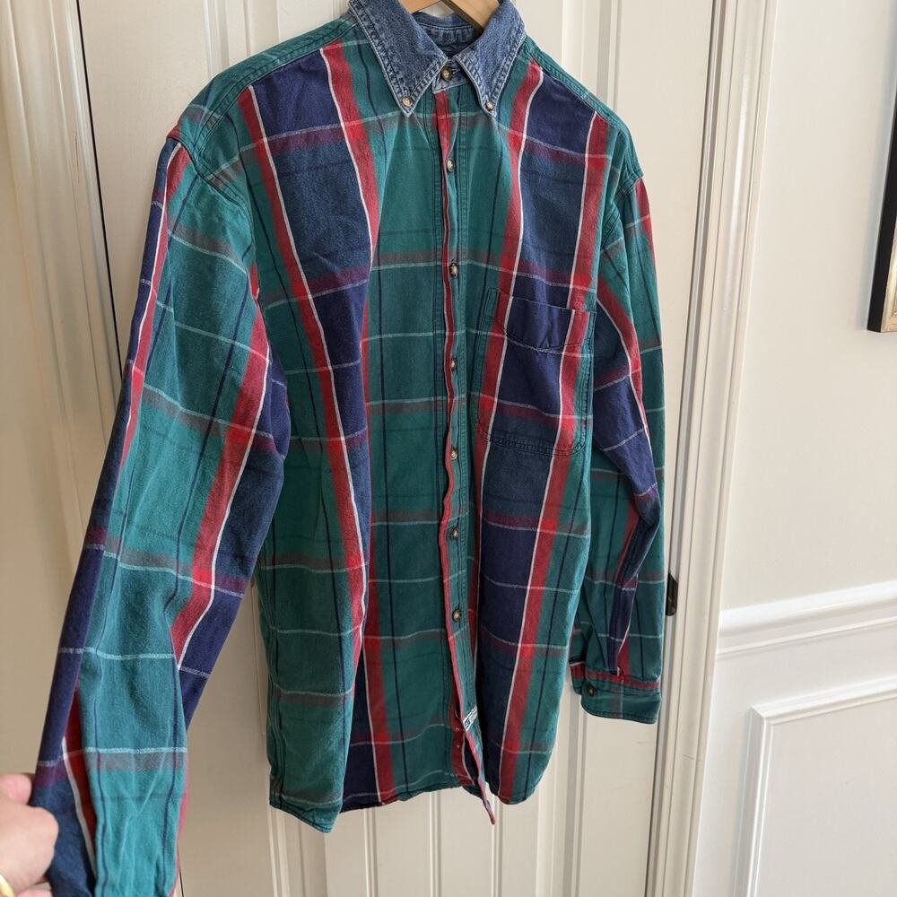 Vintage 90’s American Eagle Plaid Denim Collar Button Up Long Sleeve Men’s Sz S - Picture 4 of 10